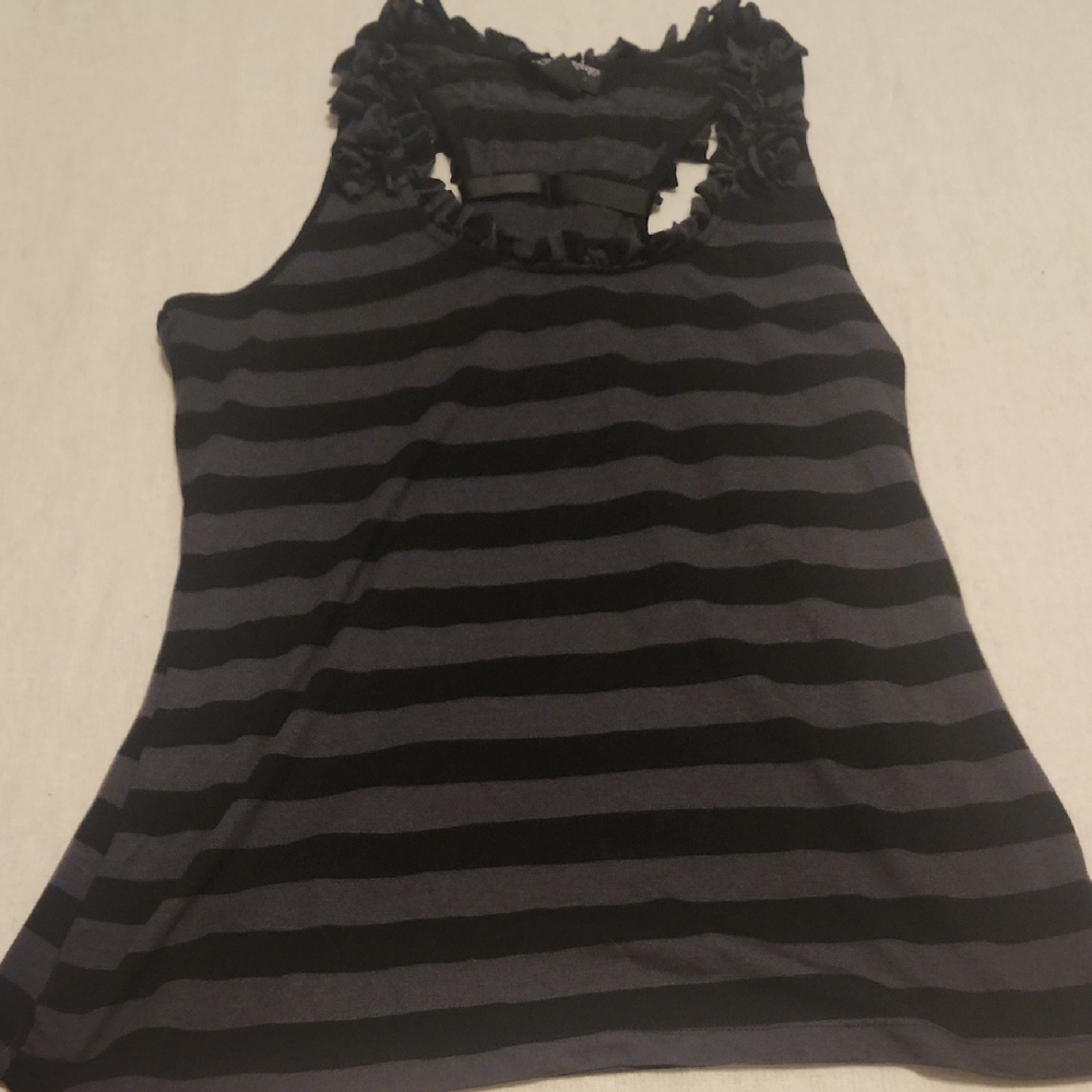 Self Esteem Black and Gray Striped Ruffle Tank Top